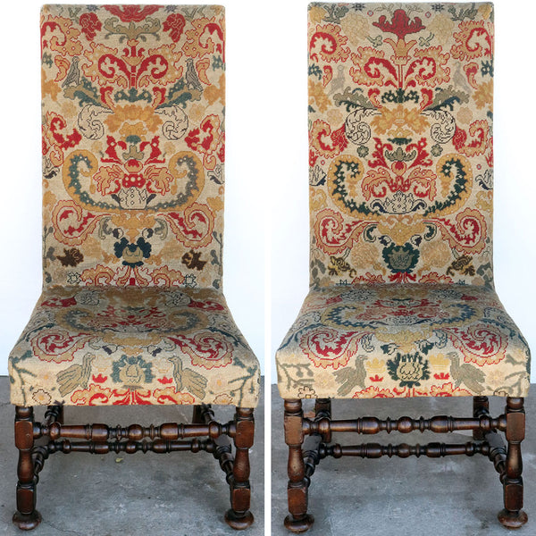 Pair of English Walnut and Needlepoint Upholstered Tall Back Side Chairs