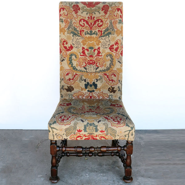 Pair of English Walnut and Needlepoint Upholstered Tall Back Side Chairs