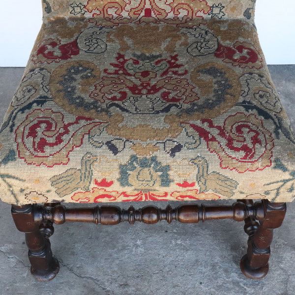 Pair of English Walnut and Needlepoint Upholstered Tall Back Side Chairs