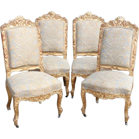 Set of Four French Rococo Revival Gilt Fortuny Upholstered Dining Side Chairs
