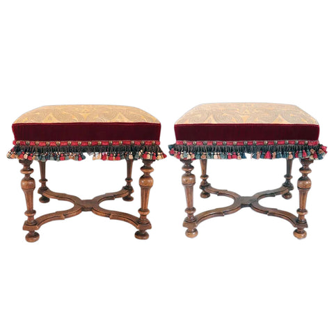 Pair of English Baroque Revival Walnut Upholstered Stools