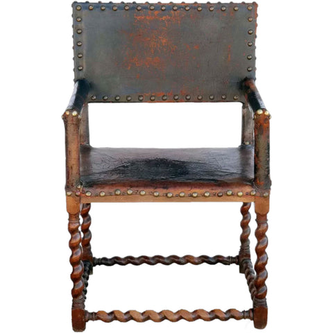 English Walnut and Studded Leather Barley Twist Armchair