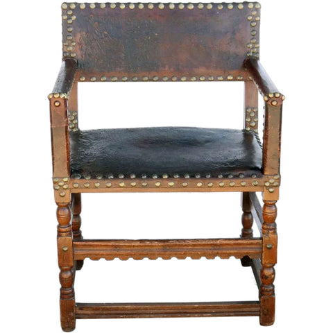 English Walnut, Beechwood and Studded Leather Armchair