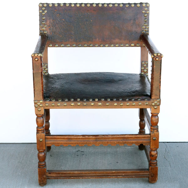 English Walnut, Beechwood and Studded Leather Armchair