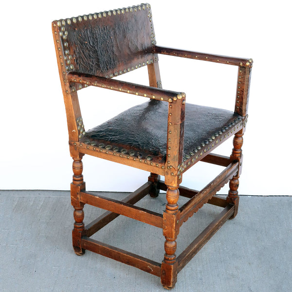 English Walnut, Beechwood and Studded Leather Armchair