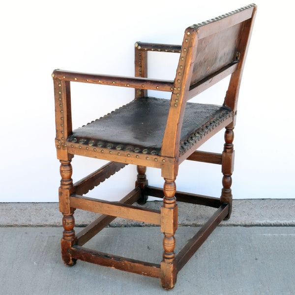English Walnut, Beechwood and Studded Leather Armchair