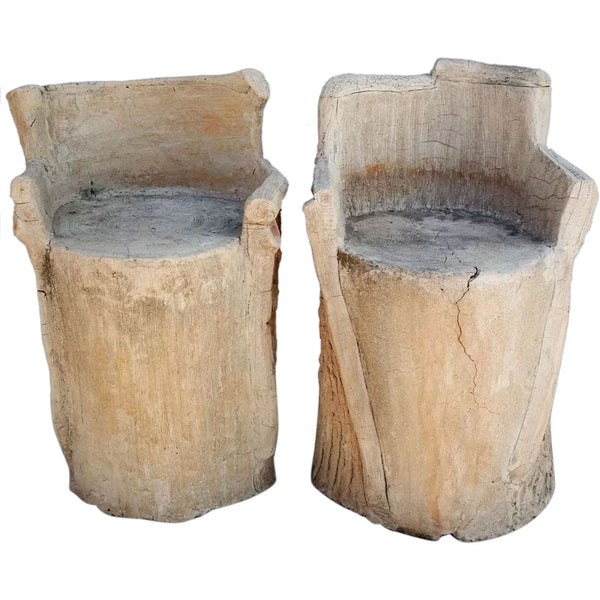 Pair of French Stone Faux Bois Garden Seats / Stools