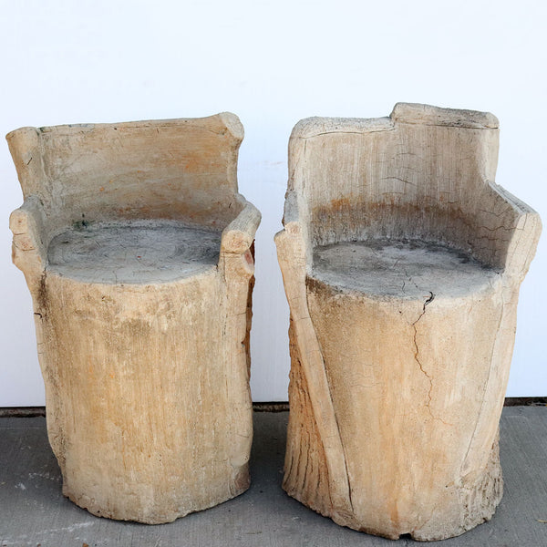 Pair of French Stone Faux Bois Garden Seats / Stools