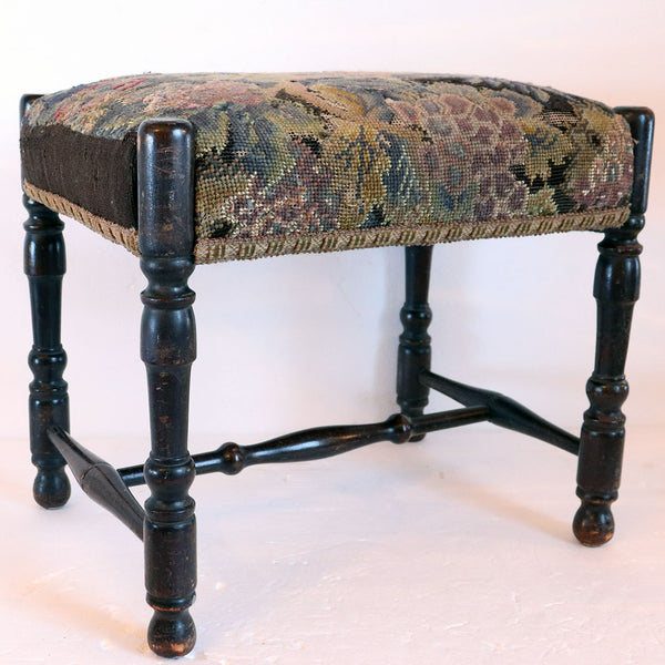French Provincial Louis XIII Style Walnut Needlepoint Upholstered Stool