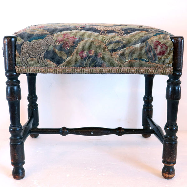 French Provincial Louis XIII Style Walnut Needlepoint Upholstered Stool