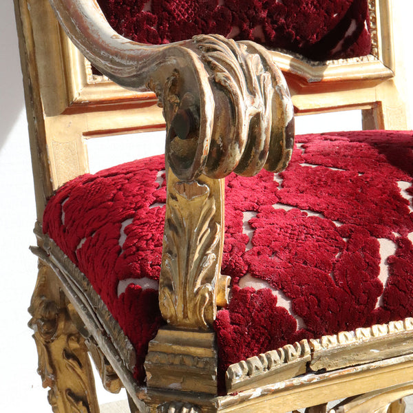 Italian Rococo Gilt Mixed Woods and Upholstered Throne Armchair