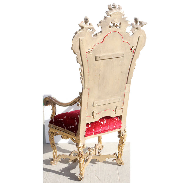 Italian Rococo Gilt Mixed Woods and Upholstered Throne Armchair