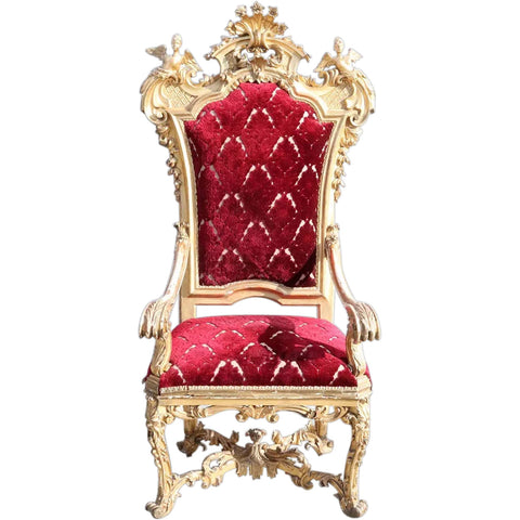 Italian Rococo Gilt Mixed Woods and Upholstered Throne Armchair