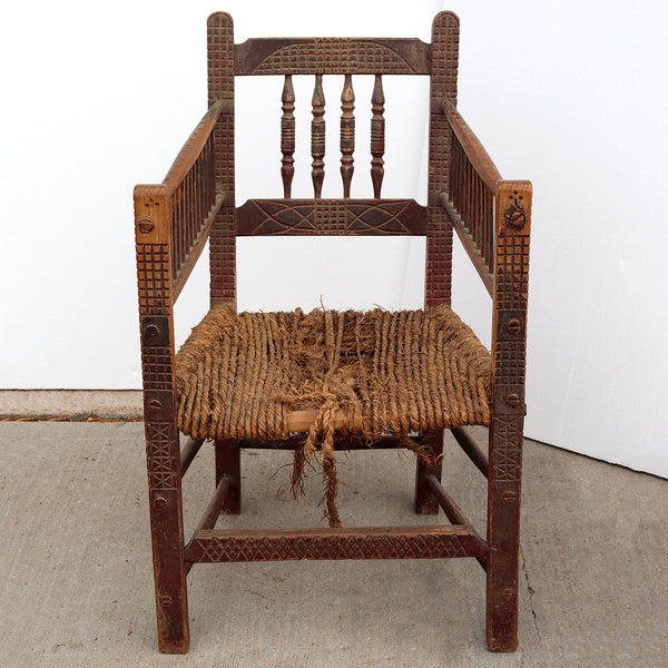 Danish Folk Art Carved, Painted Mixed Wood Rope Seat Armchair