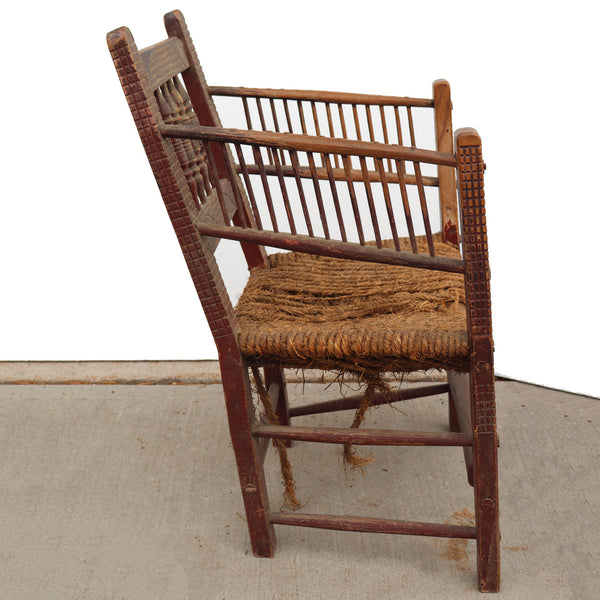 Danish Folk Art Carved, Painted Mixed Wood Rope Seat Armchair