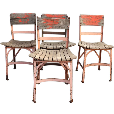 Set Four Vintage American Angle Steel Stool Co. Painted Steel and Wood Side Chairs