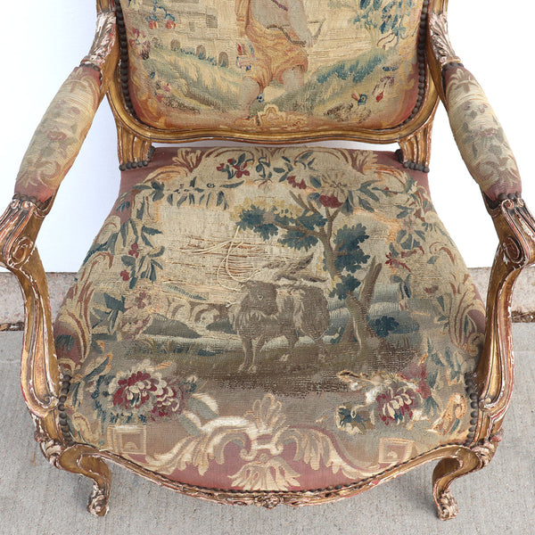 Pair of French Louis XV Style Gold Gilt Beechwood and Aubusson Upholstered Armchairs