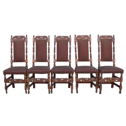 Set Five English Jacobean Revival Beechwood Upholstered Dining Side Chairs