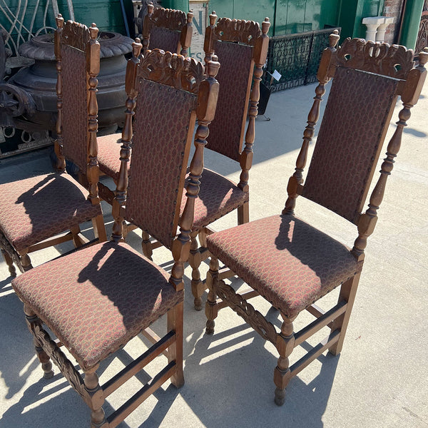 Set Five English Jacobean Revival Beechwood Upholstered Dining Side Chairs