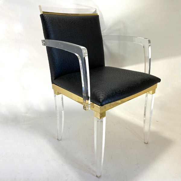 Set Four Vintage French Maison Romeo Brass, Lucite and Ostrich Leather Armchairs