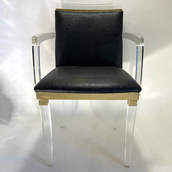 Set Four Vintage French Maison Romeo Brass, Lucite and Ostrich Leather Armchairs