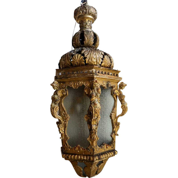 Large Italian Baroque Style Giltwood and Gesso Pendant 12-Light Hanging Lantern