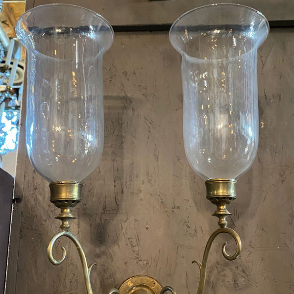 Pair Anglo Indian Regency Brass, Teak and Glass Two-Light Wall Sconces