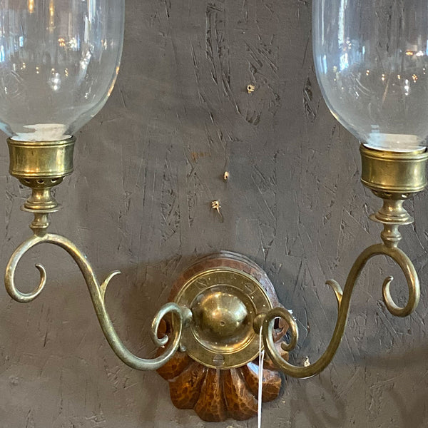 Pair Anglo Indian Regency Brass, Teak and Glass Two-Light Wall Sconces
