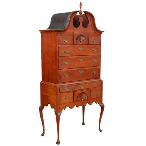 American New England Queen Anne Cherrywood Bonnet Top Highboy