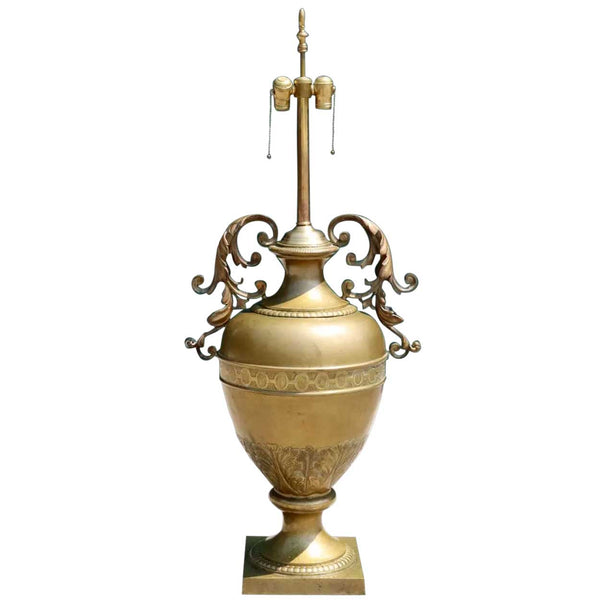 Large French Neoclassical Brass Two-Light Urn Form Table Lamp