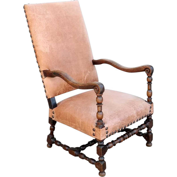 French Louis XIV Baroque Walnut Leather Upholstered Armchair