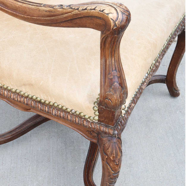 French Louis XIV Style Leather, Needlepoint and Beechwood Armchair