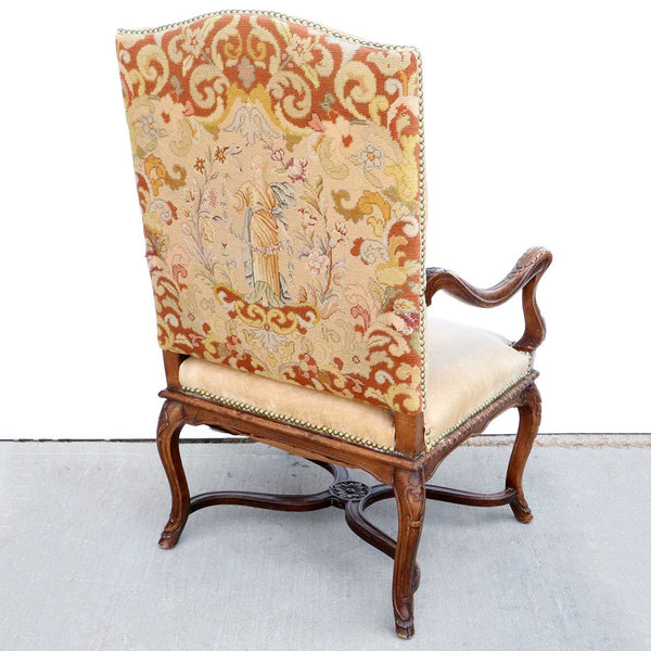 French Louis XIV Style Leather, Needlepoint and Beechwood Armchair