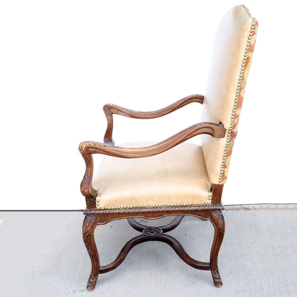 French Louis XIV Style Leather, Needlepoint and Beechwood Armchair