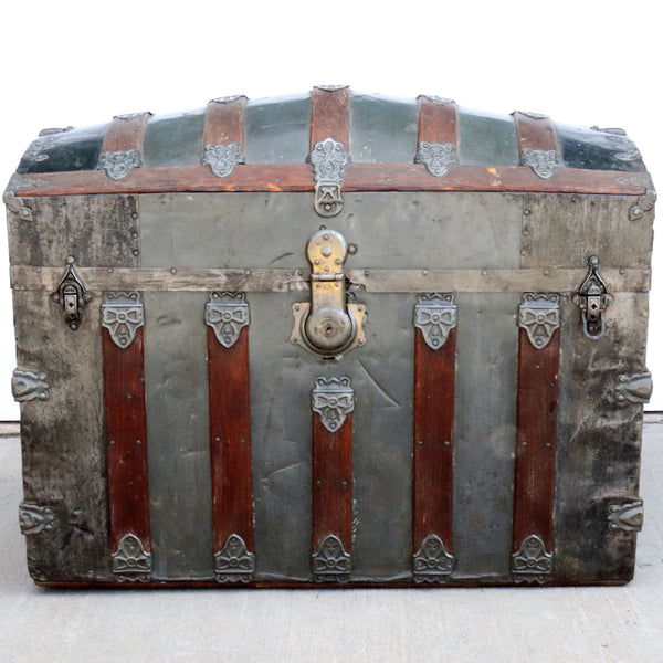 American Pine and Tin Dome-Top Humpback Steamer Travel Trunk