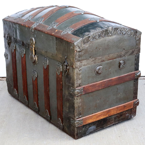 American Pine and Tin Dome-Top Humpback Steamer Travel Trunk