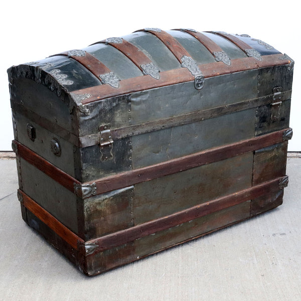 American Pine and Tin Dome-Top Humpback Steamer Travel Trunk