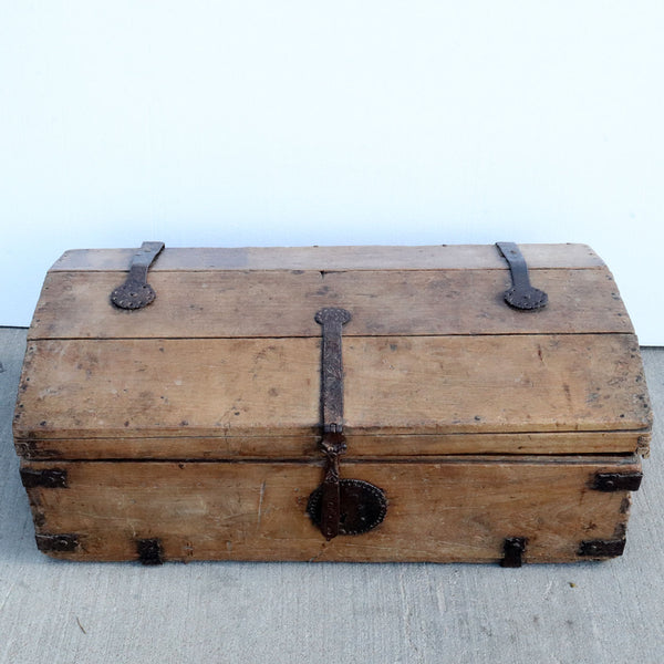 Small Mexican Spanish Colonial Domed Iron Mounted Wooden Coffer Chest