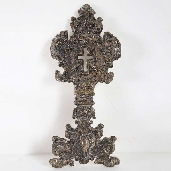 Italian Silverplated Brass Repousse and Wood Reliquary Altar / Shrine Cross