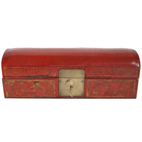 Chinese Qing Red Leather and Wood Domed Pillow Casket Box
