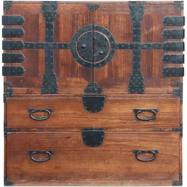 Japanese Iron Mounted Kiriwood Two-Part Kannon Biraki Isho Tansu Chest