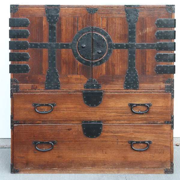 Japanese Iron Mounted Kiriwood Two-Part Kannon Biraki Isho Tansu Chest