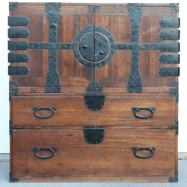 Japanese Iron Mounted Kiriwood Two-Part Kannon Biraki Isho Tansu Chest