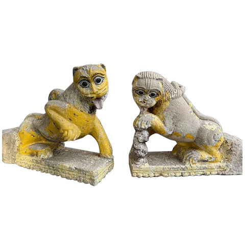 Pair of Northern Indian Painted Limestone Lion Architectural Brackets