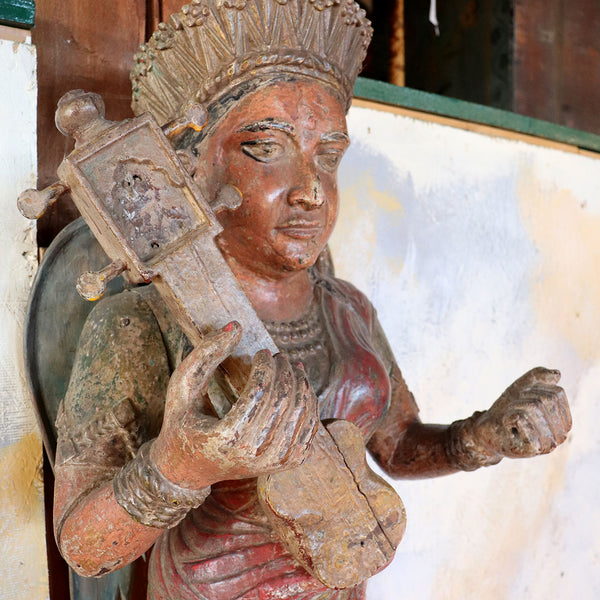Pair of Large Indian Painted Teak Musical Angel Attendants Architectural Brackets