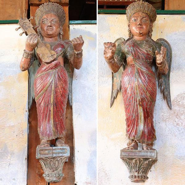Pair of Large Indian Painted Teak Musical Angel Attendants Architectural Brackets