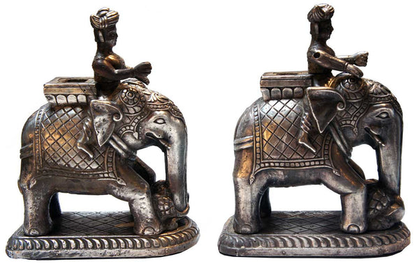 Pair of Indian Silver Sheet over Teak Elephants and Riders