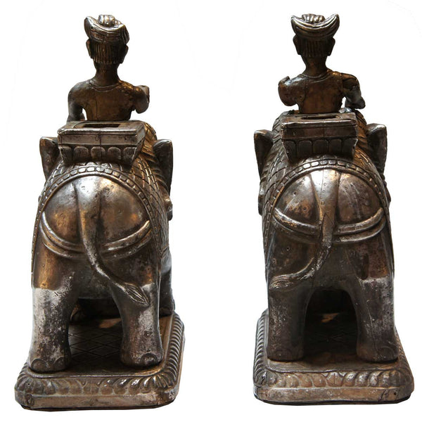 Pair of Indian Silver Sheet over Teak Elephants and Riders