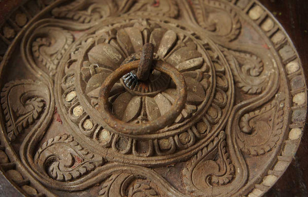 Indian Teak Architectural Panel with Iron Ring