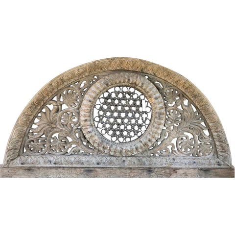 Indian Carved Teak and Iron Grille Arched Architectural Transom